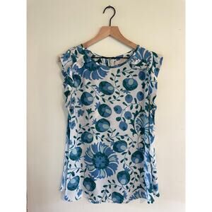 Loft White/Blue/Green Floral Flutter Sleeve Tank Womens L